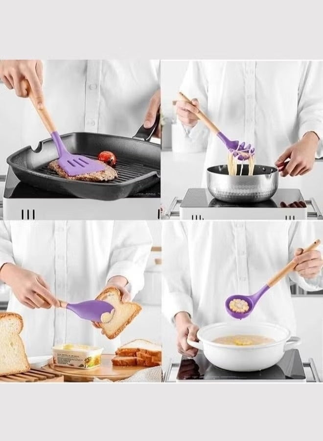 BT 12-Piece Silicone Kitchen Utensil Set with Wooden Handles & Holder, Heat-Resistant BPA-Free Cooking Tools for Non-Stick Cookware – Spatula, Spoon, Turner & Kitchen Accessories (Purple) - Image 3